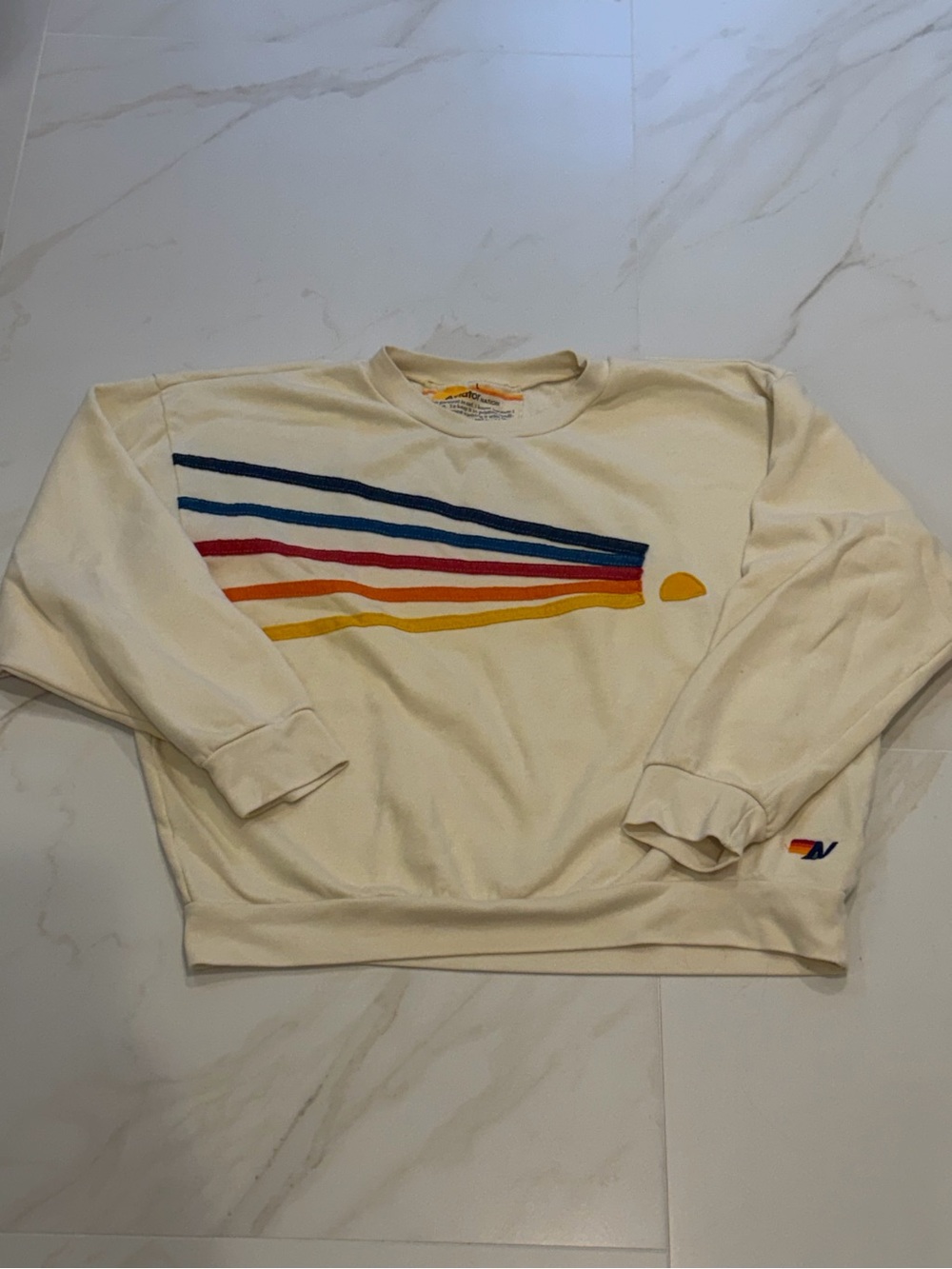 Aviator Nation Retro Stripe Crewneck Sweater - Cream with Blue, Red & Yellow